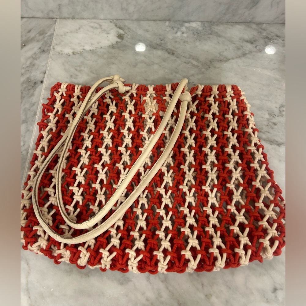 Clare V Sandy tote in cream and red.